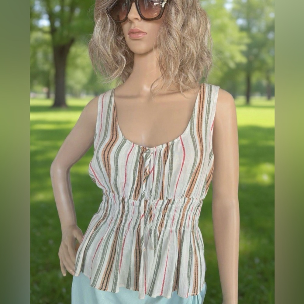 Paper Crane Beige & Green Striped Sleeveless Top With Elastic Waist Sz Medium
